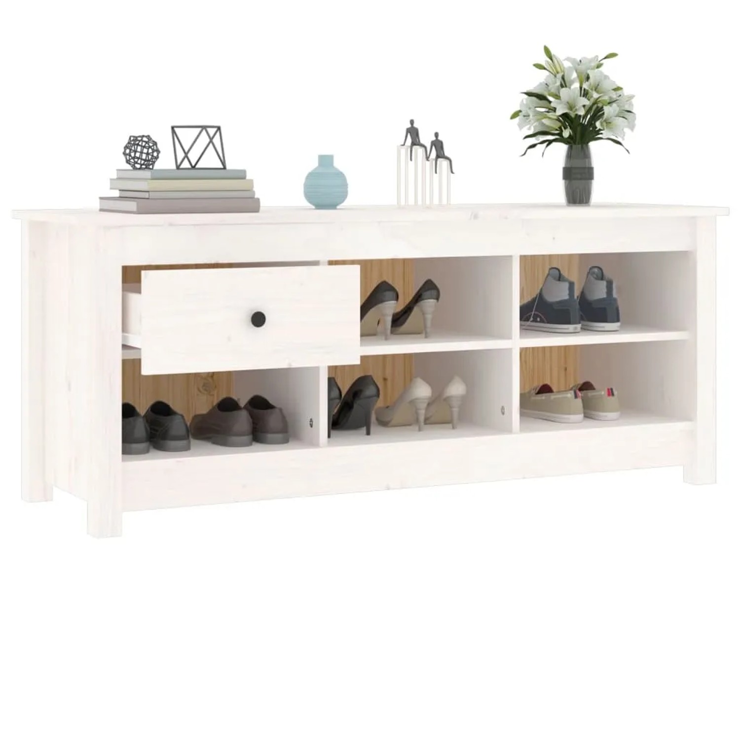 Weißer Schuhschrank aus Kiefernholz mit Schublade und Fächern für Schuhe und Deko.