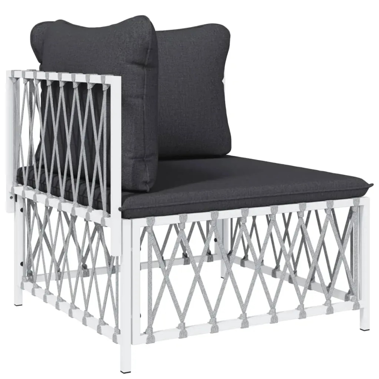 Weißes Gartenmöbel Eckteil mit grauen Kissen aus dem vidaXL 6-tlg. Lounge-Set.
