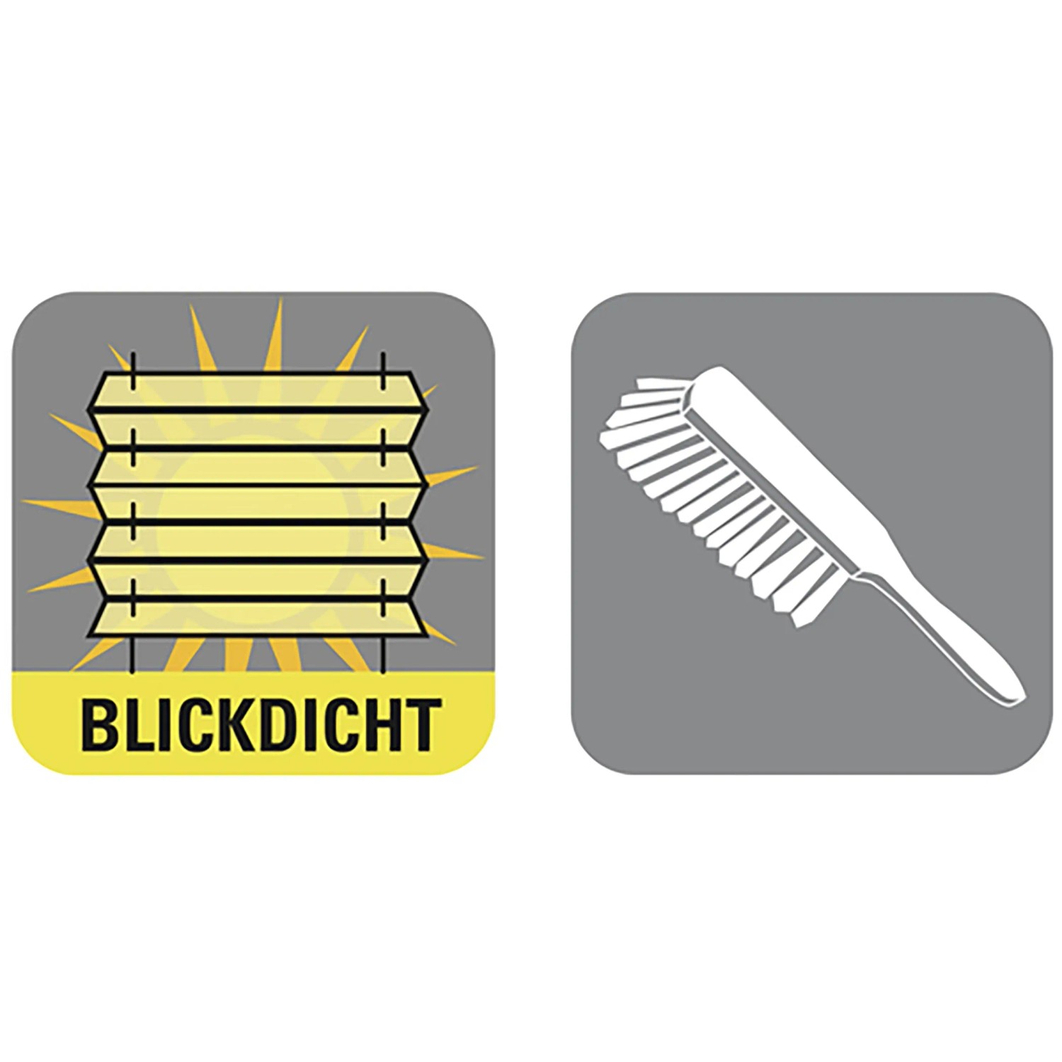 Piktogramme: Blickdichtes Plissee und Reinigungsbürste.