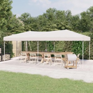 Weißes, faltbares Partyzelt 3x6 m von vidaXL im Garten mit Tisch und Stühlen.