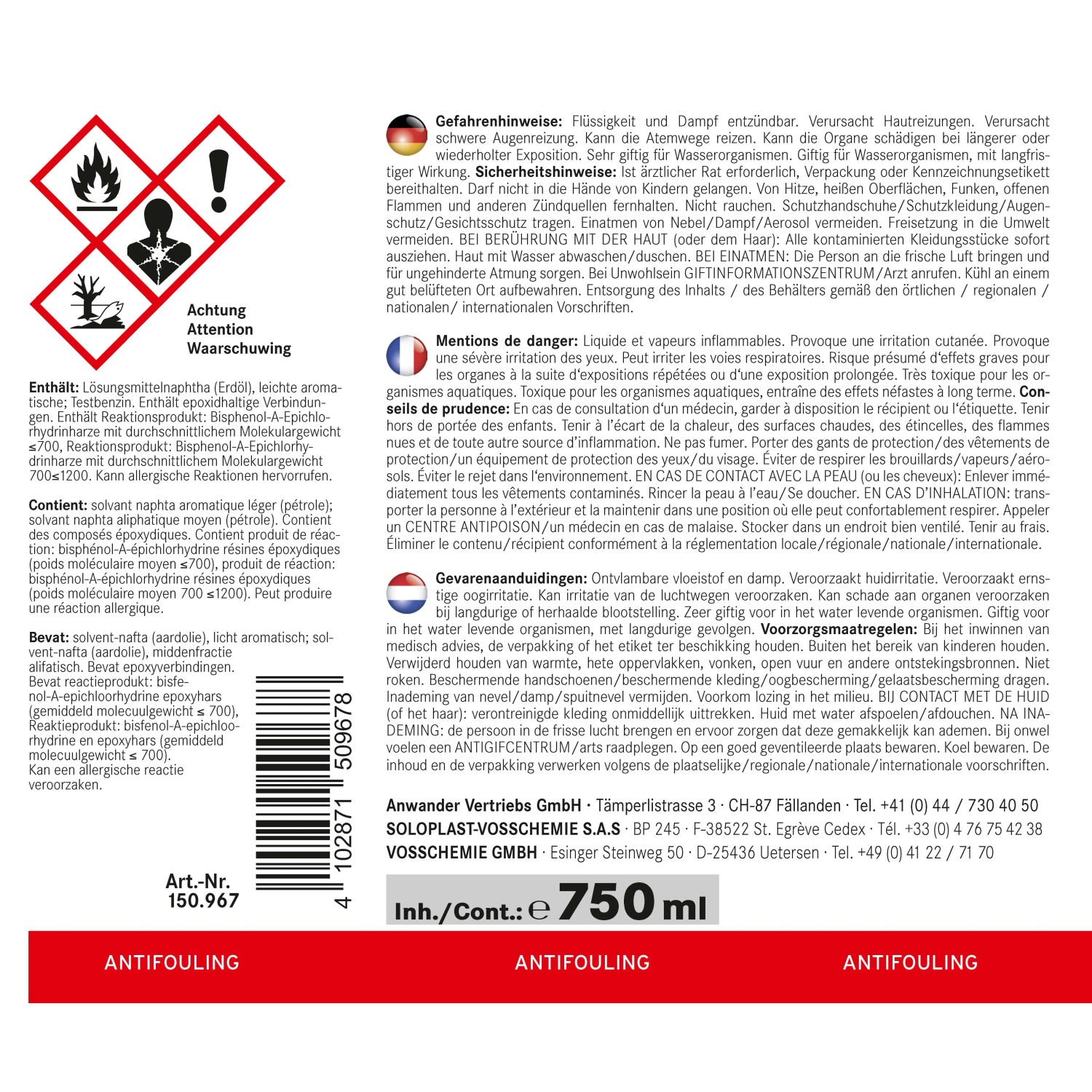 Antifouling-Bootsfarbe, 750ml Dose mit Warnhinweisen.