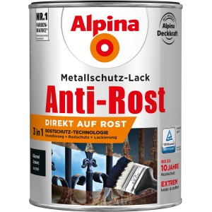 Dose Alpina Metallschutz-Lack Anti-Rost Schwarz glänzend, 2,5 Liter. Rostschutzlack für Metall.