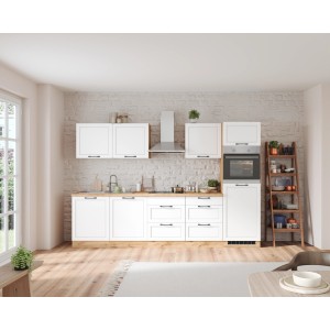 Küchenzeile Kempten 300 cm in Weiß/Wotan Optik, ohne E-Geräte. Moderne Einbauküche mit Hänge- und Unterschränken.