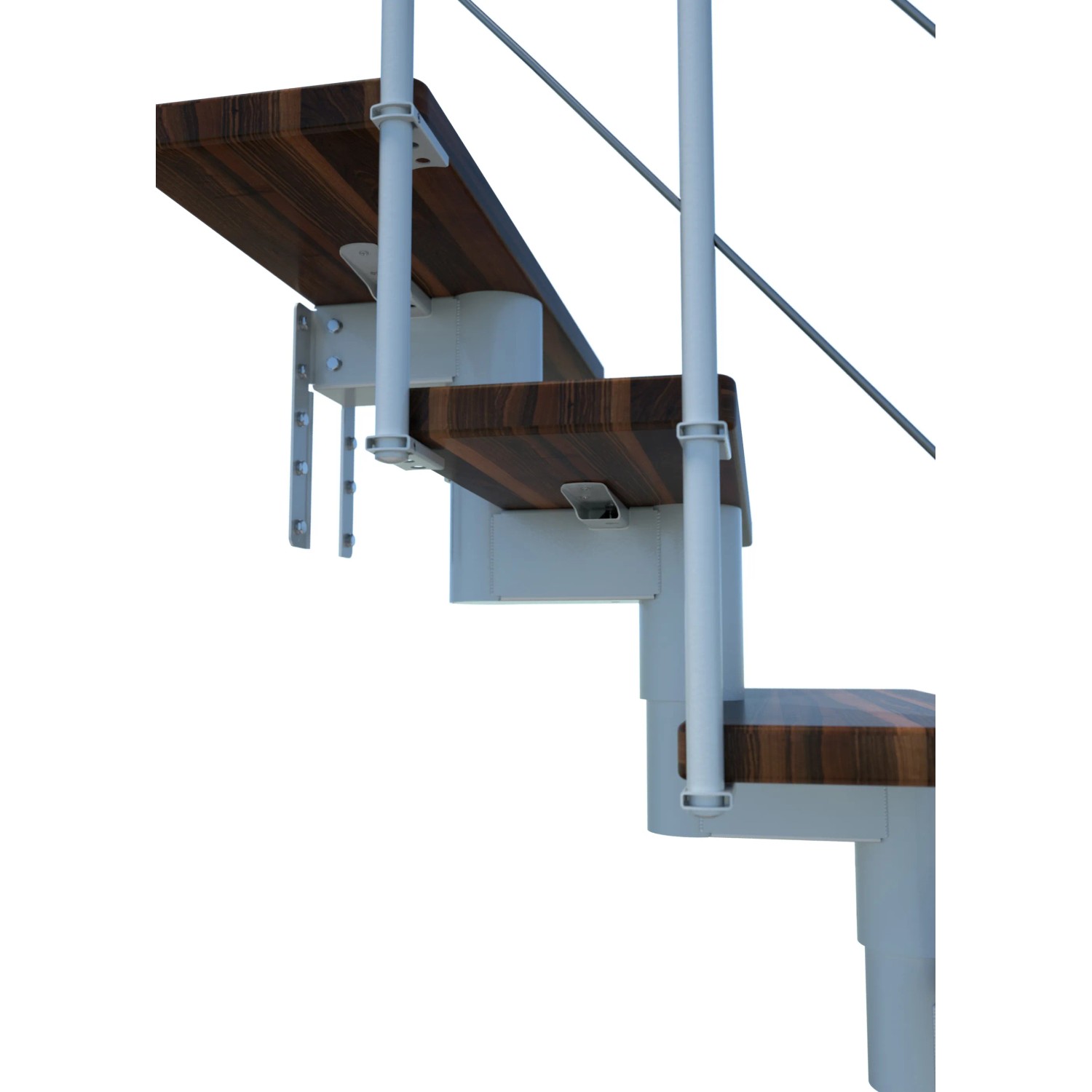 Detailansicht der Minka Mittelholmtreppe Comfort Top in Walnuss/Weiß. Innentreppe mit Holzstufen und weißem Geländer.
