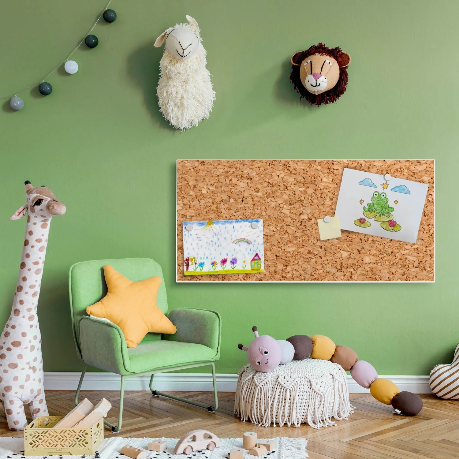 Banjado Magnettafel 78x37cm mit Kork Motiv und 4 Magneten in Kinderzimmer Umgebung.