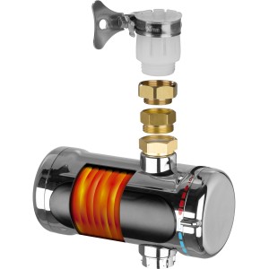 Easymaxx Durchlauferhitzer Kompakt 3600 W mit sichtbarer Heizspirale und Montagezubehör.