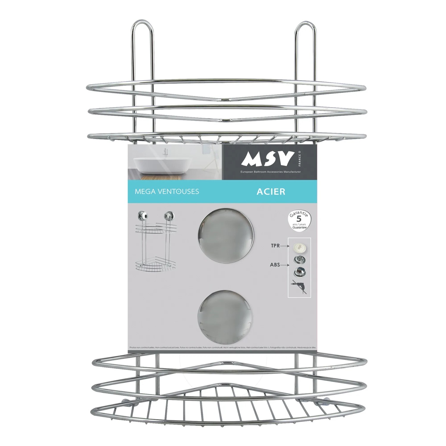 MSV Eck-Duschregal Mega Ventouses aus Stahl, Chrom, zur einfachen Anbringung ohne Bohren.