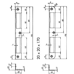 Technische Zeichnung: Silbernes Winkelblech für gefälzte Zimmertüren, Maße 20x20x170 mm.