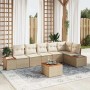 Beiges 7-teiliges vidaXL Garten-Sofa-Set aus Poly Rattan mit Tisch und Kissen.