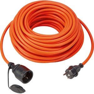 Aufgerolltes, oranges Verlängerungskabel, 25 m, mit schwarzem Stecker und Schutzkontakt-Kupplung.