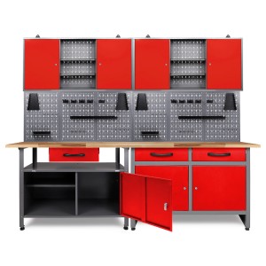 Ondis24 Werkbank Set mit Schränken und Lochwand, 240 cm, rot. Werkstatteinrichtung für Ordnung.