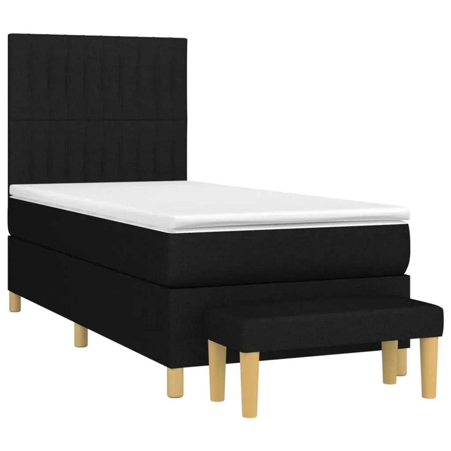 Schwarzes Boxspringbett (90x200 cm) mit Matratze, Auflage und Bank. Stoffbezug.