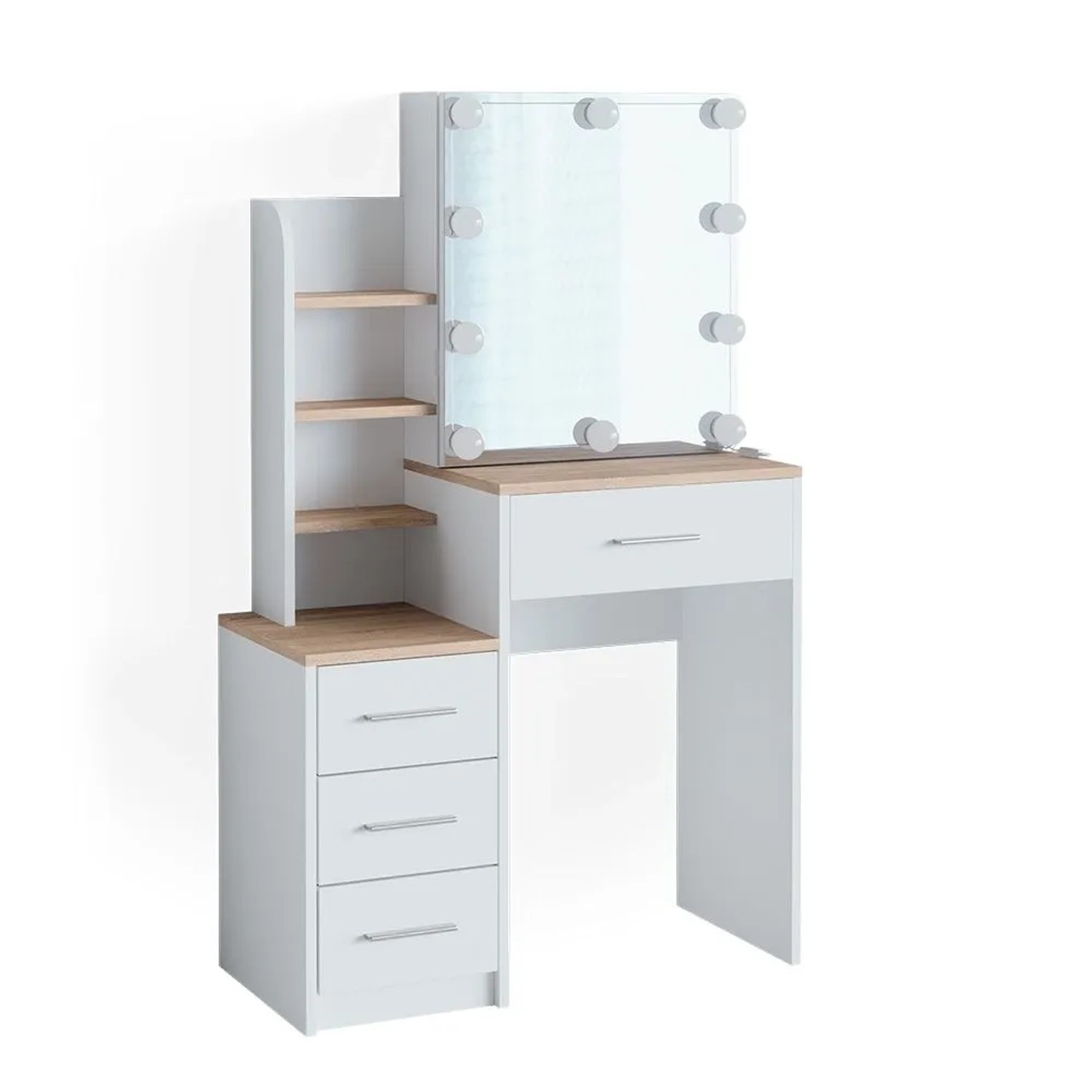 Vicco Schminktisch Conrada Weiß/Sonoma 80 x 132 mit Spiegel und LED-Lichterkette