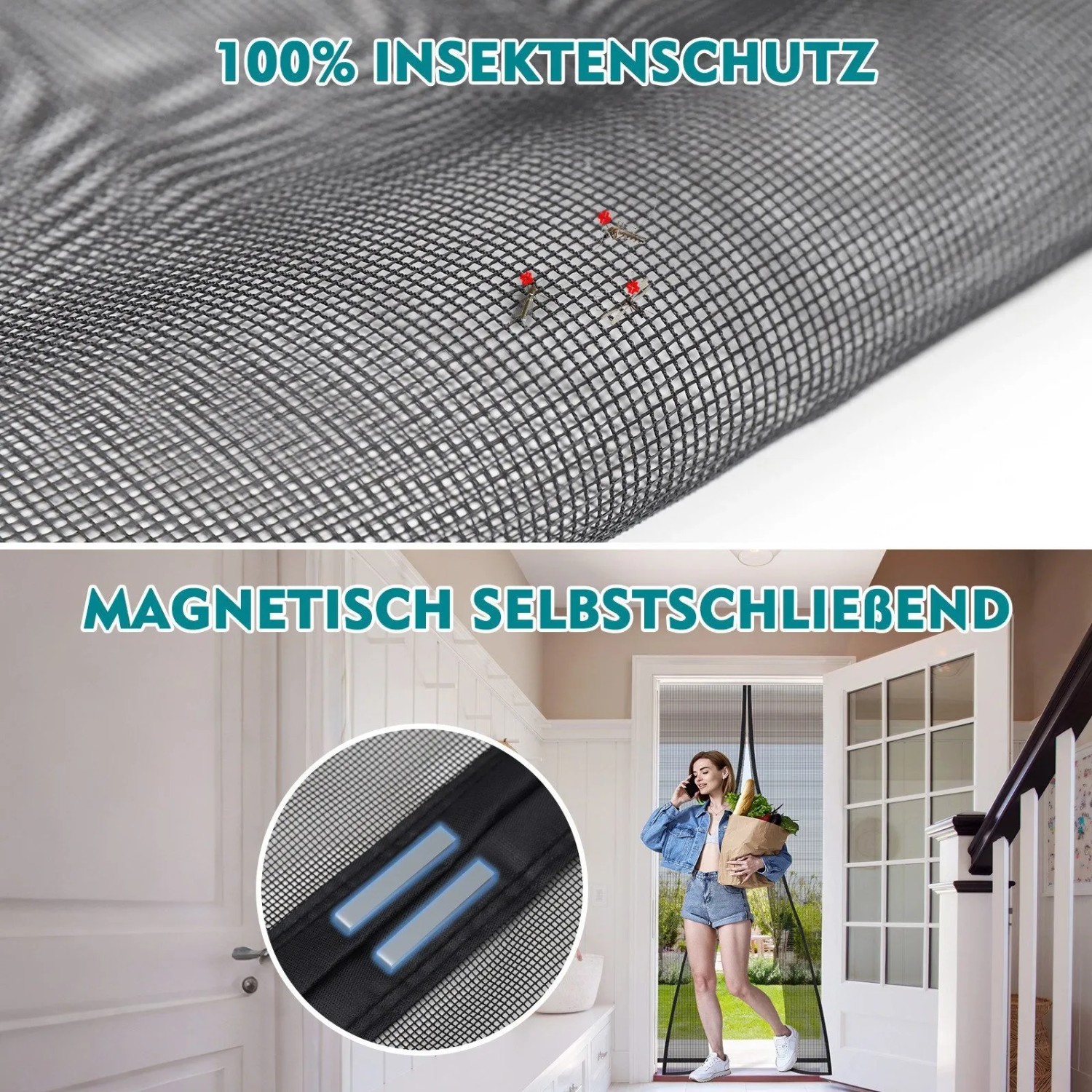 Schwarzes magnetisches Sekey Fliegengitter für Türen, Detailansicht des Netzes und Frau beim mühelosen Durchgehen.