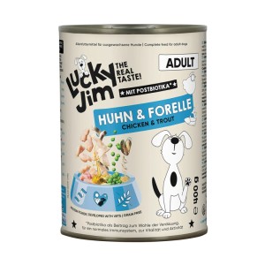 Lucky Jim Hunde-Nassfutter Adult Huhn & Forelle, 400g Dose. Alleinfutter für ausgewachsene Hunde.