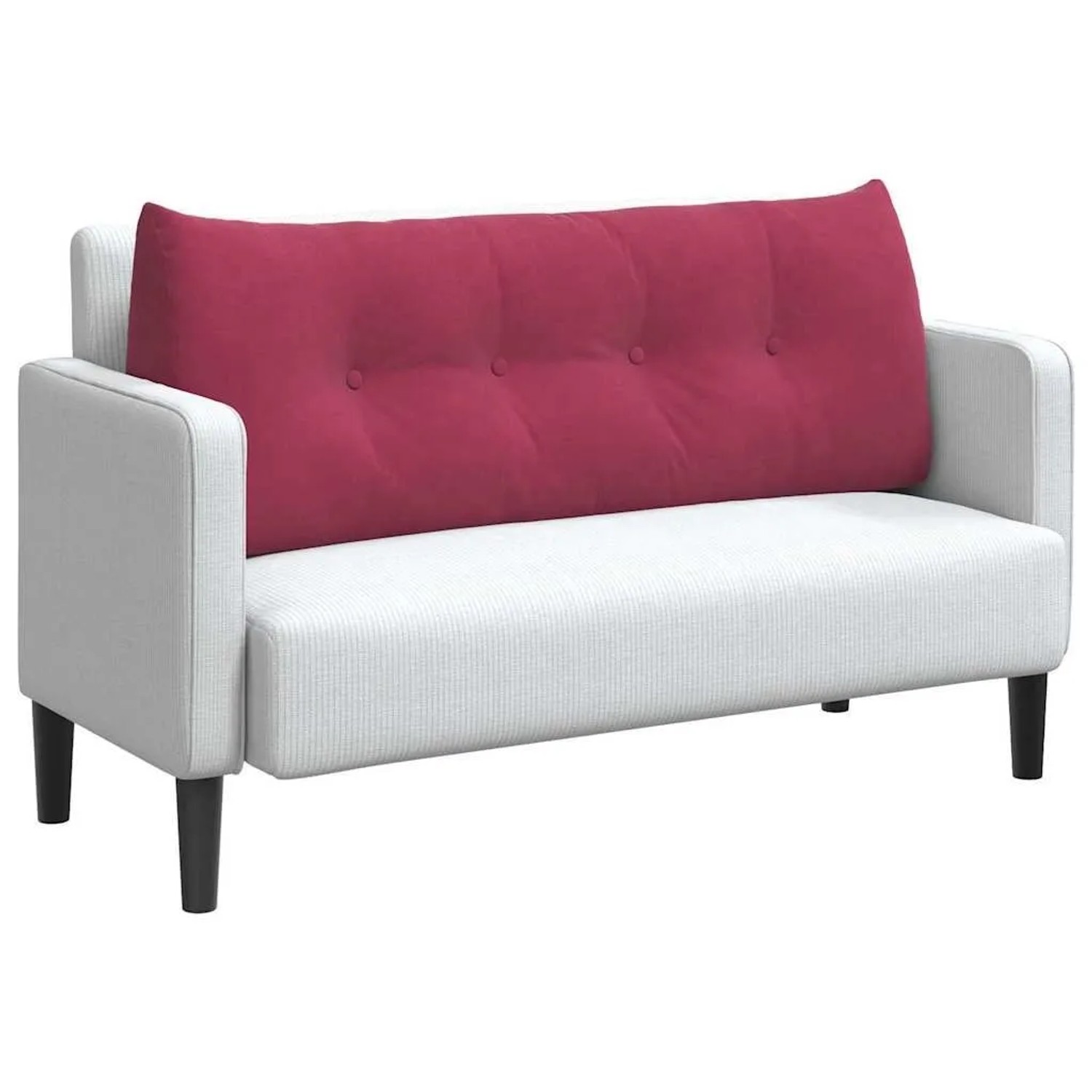 Weinrotes Samt-Rückenkissen 120 cm mit Knopfheftung auf hellem Sofa. Ideal als Rückenlehne für Komfort.