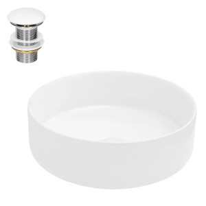 Rundes, weißes ECD Germany Waschbecken (Ø 355mm) mit Ablaufgarnitur für Becken ohne Überlauf.