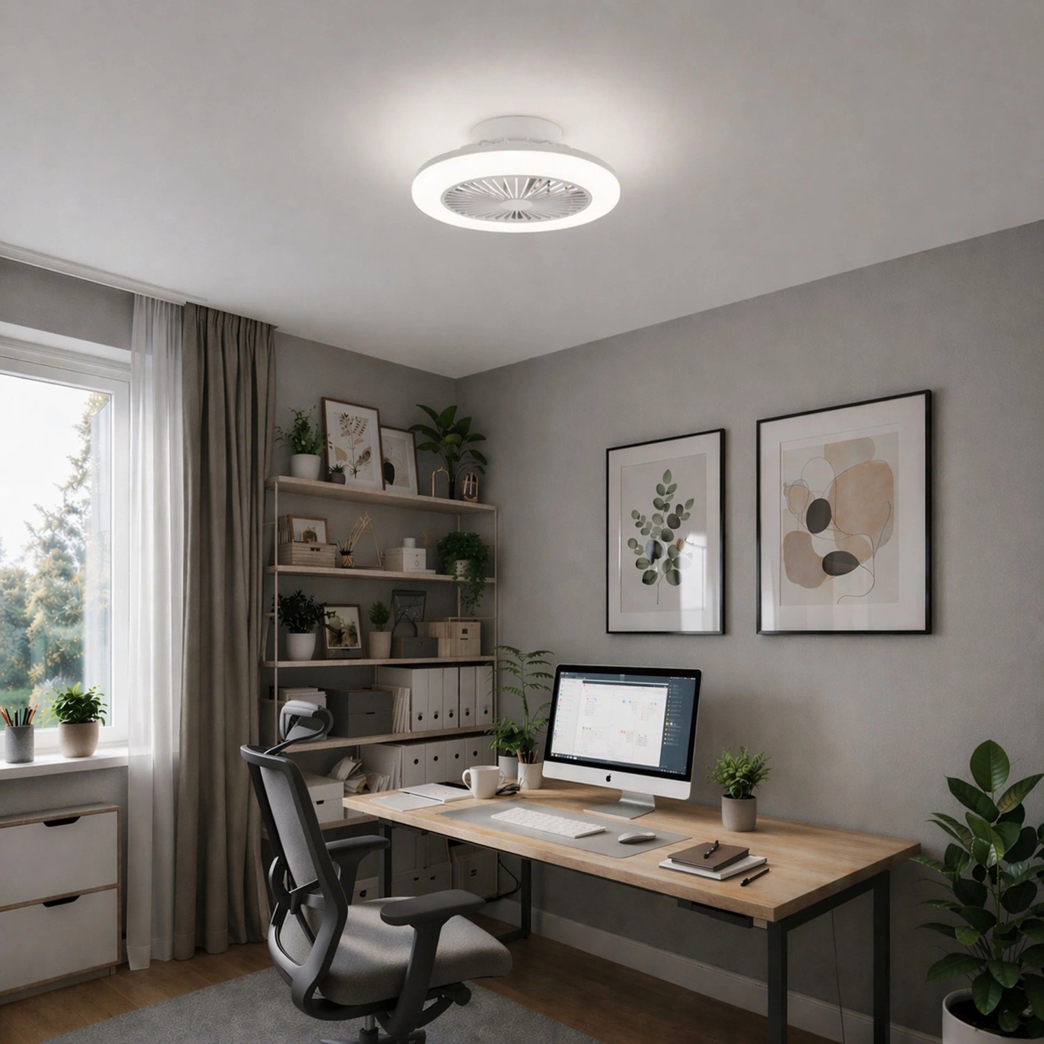 Weiße LED-Deckenleuchte Montero mit Ventilator (Ø 42cm) im modernen Arbeitszimmer.
