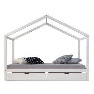 Weißes Homestyle4u Kinderbett Hausbett 90x200 mit Bettkästen. Kinderhaus Bett aus Massivholz.