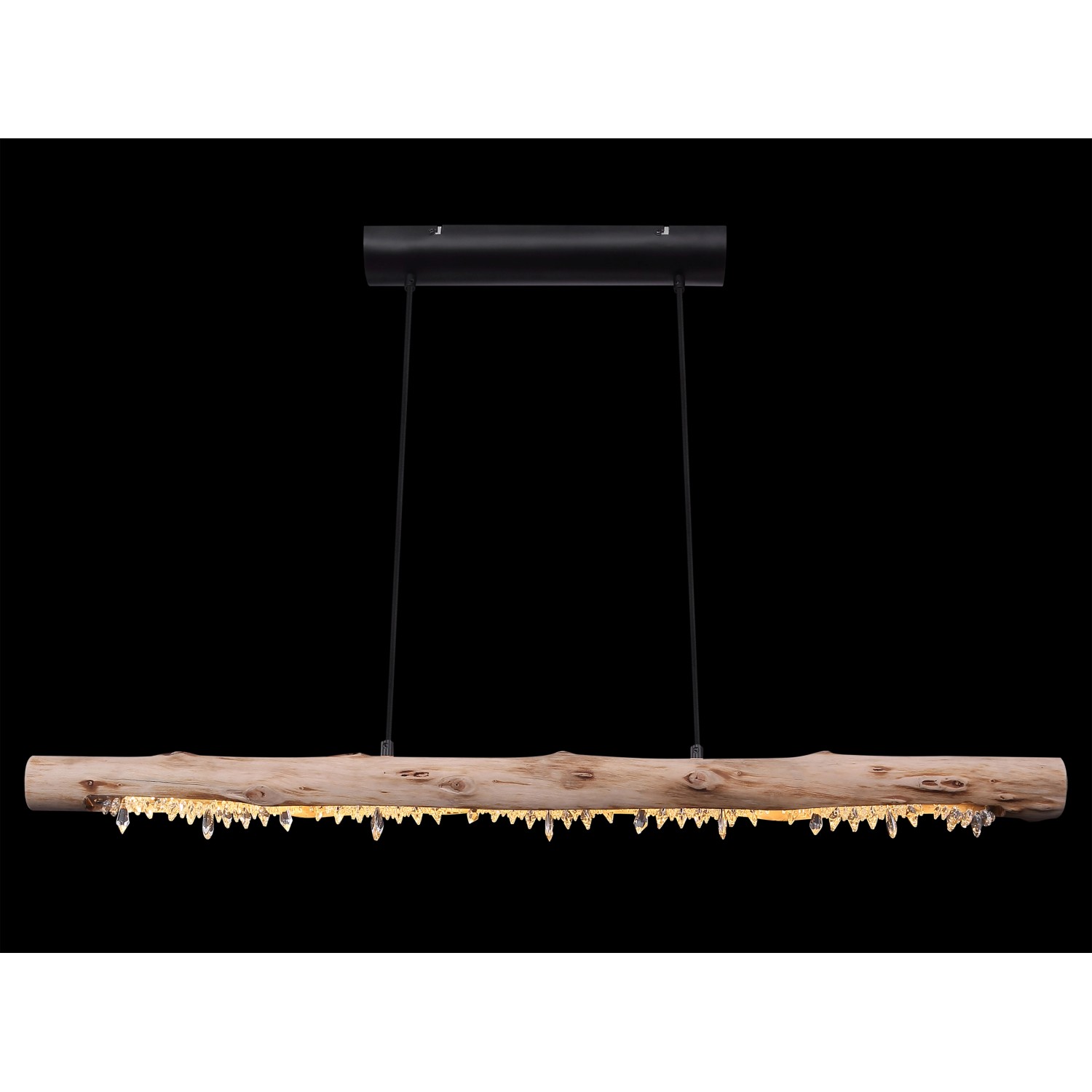 Globo LED-Pendelleuchte Felicitas: Hängelampe mit Holzbalken, Acrylkristallen und schwarzer Aufhängung.