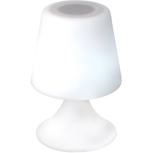Weiße LED Deko Tischleuchte von Näve mit Bluetooth Lautsprecher, rund. Für den Außenbereich.