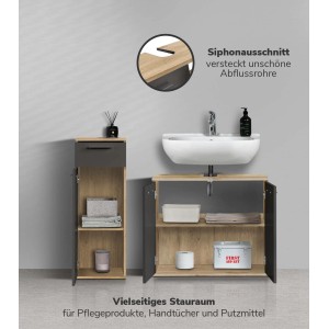 mokebo Badmöbel-Set „Der Steuermann“ in Eiche-Schwarz mit Waschbecken und Stauraum.