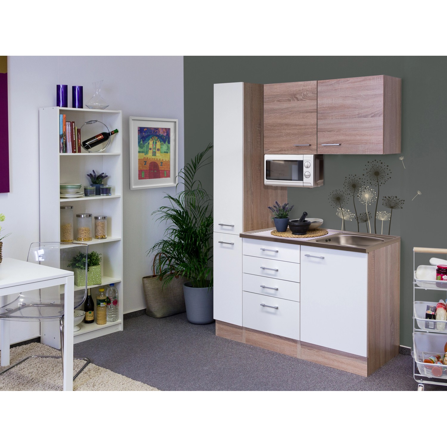 Flex-Well Singleküche/Miniküche 130 cm Florida Weiß-Sonoma Eiche