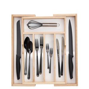Ausziehbarer Zeller Besteckkasten aus Gummibaumholz mit Besteck und Schneebesen für Küchenordnung.