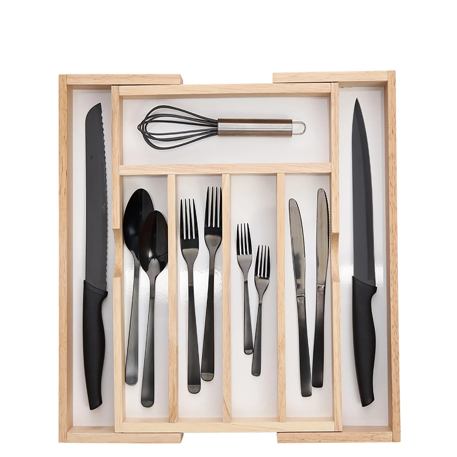 Ausziehbarer Zeller Besteckkasten aus Gummibaumholz mit Besteck und Schneebesen für Küchenordnung.