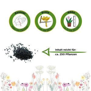 Samen für Winterpostelein: Aussaat, Erntehinweise und Pflanzenhöhe dargestellt.