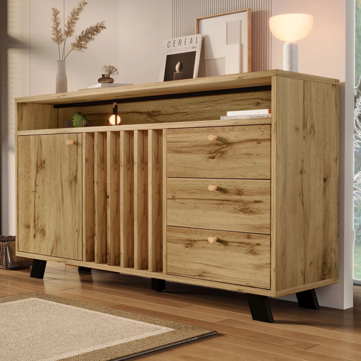 Merax Sideboard 120x40x85cm Lamellenfront Eiche_5