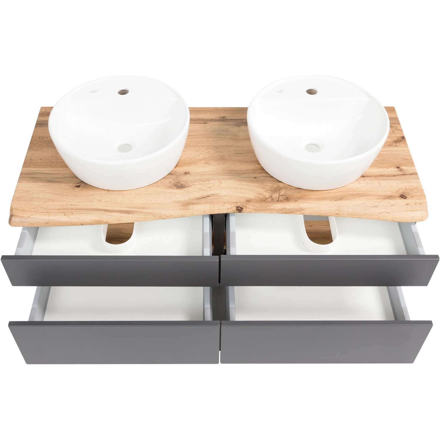 Held Möbel Doppelwaschtisch-Set Trient, grau/Wotaneiche, mit Aufsatzbecken und Schubladen.