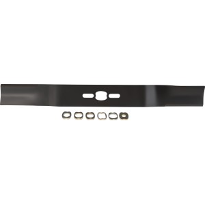 Arnold Rasenmähermesser Universal 530 mm, gekröpft, mit Adaptern für verschiedene Aufnahmen.