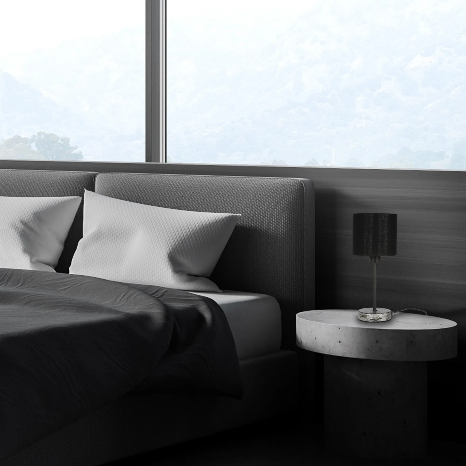 Briloner Tischlampe Fabric, schwarz-silber, mit Stoffschirm auf Nachttisch im Schlafzimmer.