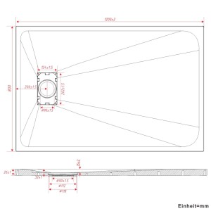 Technische Zeichnung: Aquabatos Rechteck Duschwanne 120x80cm mit Maßen und Ablaufgarnitur.