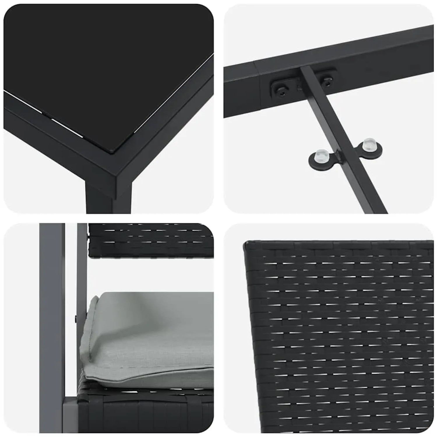 Detailansichten der vidaXL Garten Essgruppe, 5-teilig, schwarz, mit Tischplatte aus Glas und Rattan.