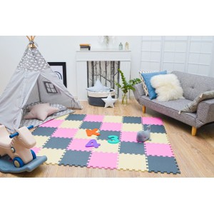 LittleTom Puzzlematte, 27-teiliges Set in Grau, Beige und Pink. Weiche Spielmatte für Babys und Kinder.