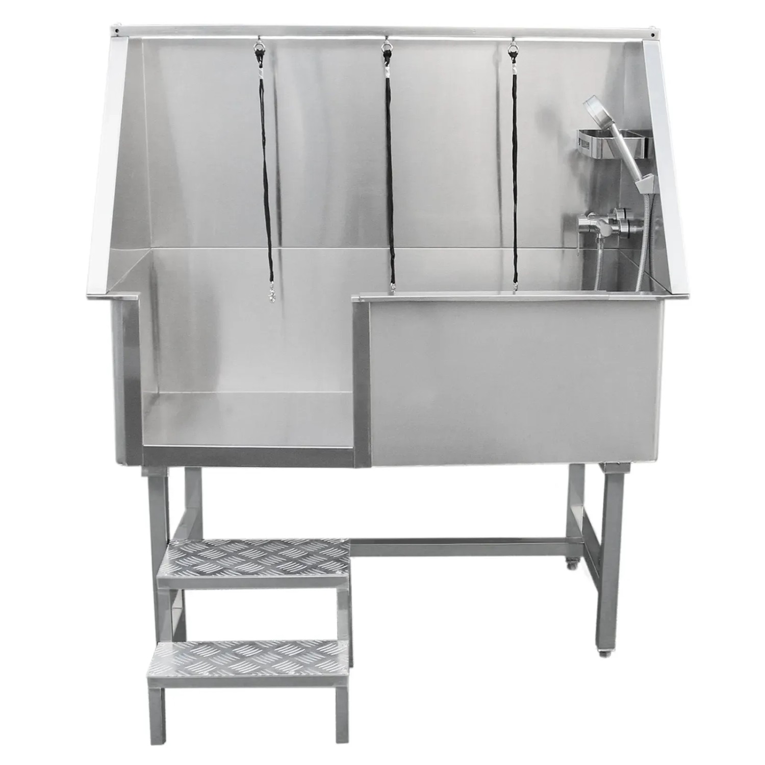 Monstershop Edelstahl Haustier Badewanne 600mm mit Treppe und Brause für Hundefellpflege.