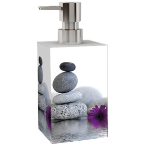 Sanilo Seifenspender Energy Stones mit Steinmotiv und Edelstahlpumpe.