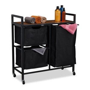 Relaxdays Wäschekorbregal MDF Schwarz Dunkelbraun mit Rollen 78 cm x 72,5 cm x 30,5 cm