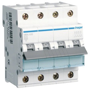 Hager Leitungsschutzschalter B20A 3P+N, 6kA, B-Charakteristik für den Überlast- und Kurzschlussschutz.