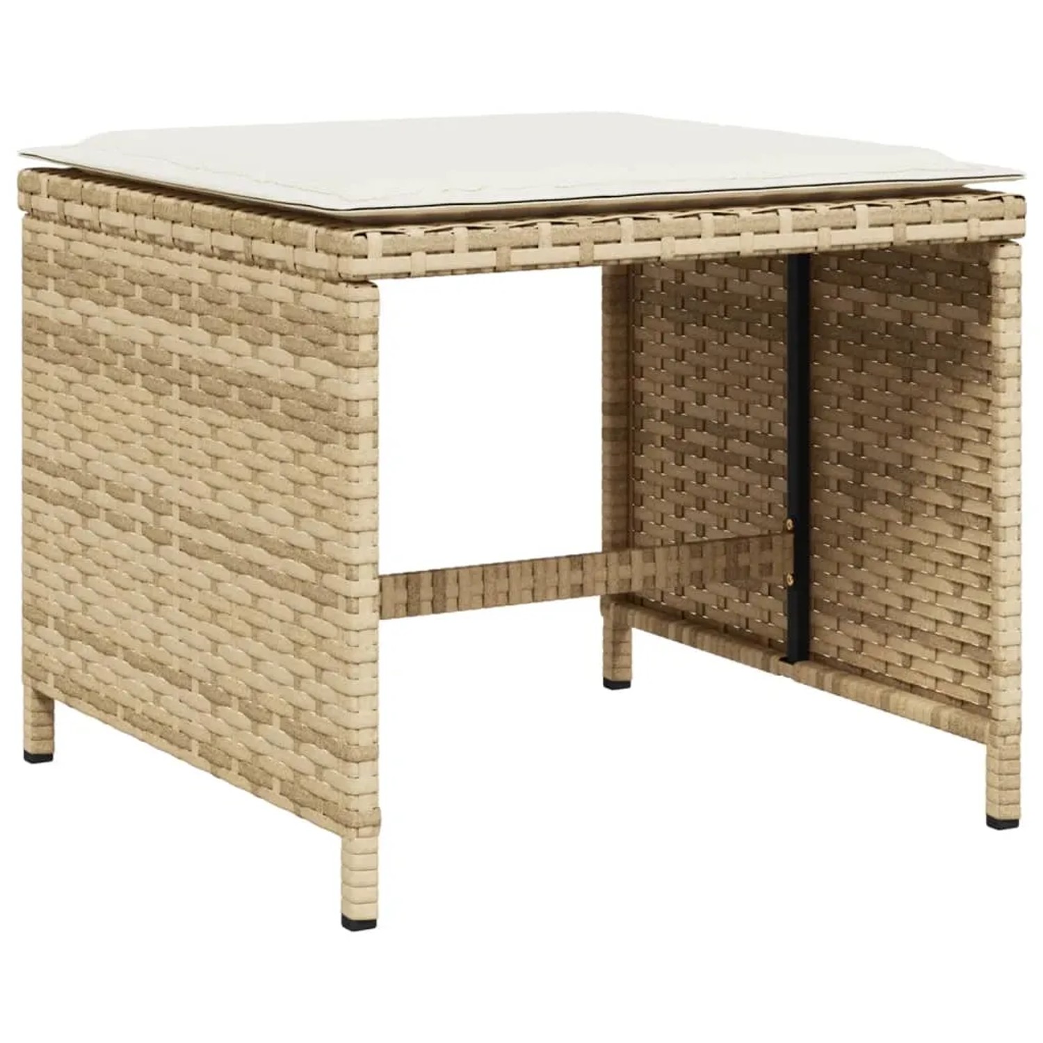 Beiger Gartenhocker aus Polyrattan mit cremefarbenem Kissen, Teil der vidaXL Garten-Essgruppe.