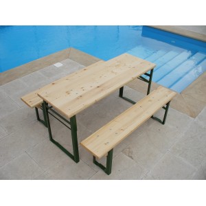 Bierzeltgarnitur für Kinder, 1 Tisch und 2 Bänke aus Holz mit grünem Gestell.