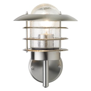 Moderne Edelstahl Außenwandleuchte Calprese mit Blasenglas und E27 Fassung.