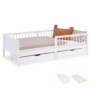 Homestyle4u Kinderbett 90x200 mit Matratze 2 Bettkästen Rausfallschutz Weiß 3096