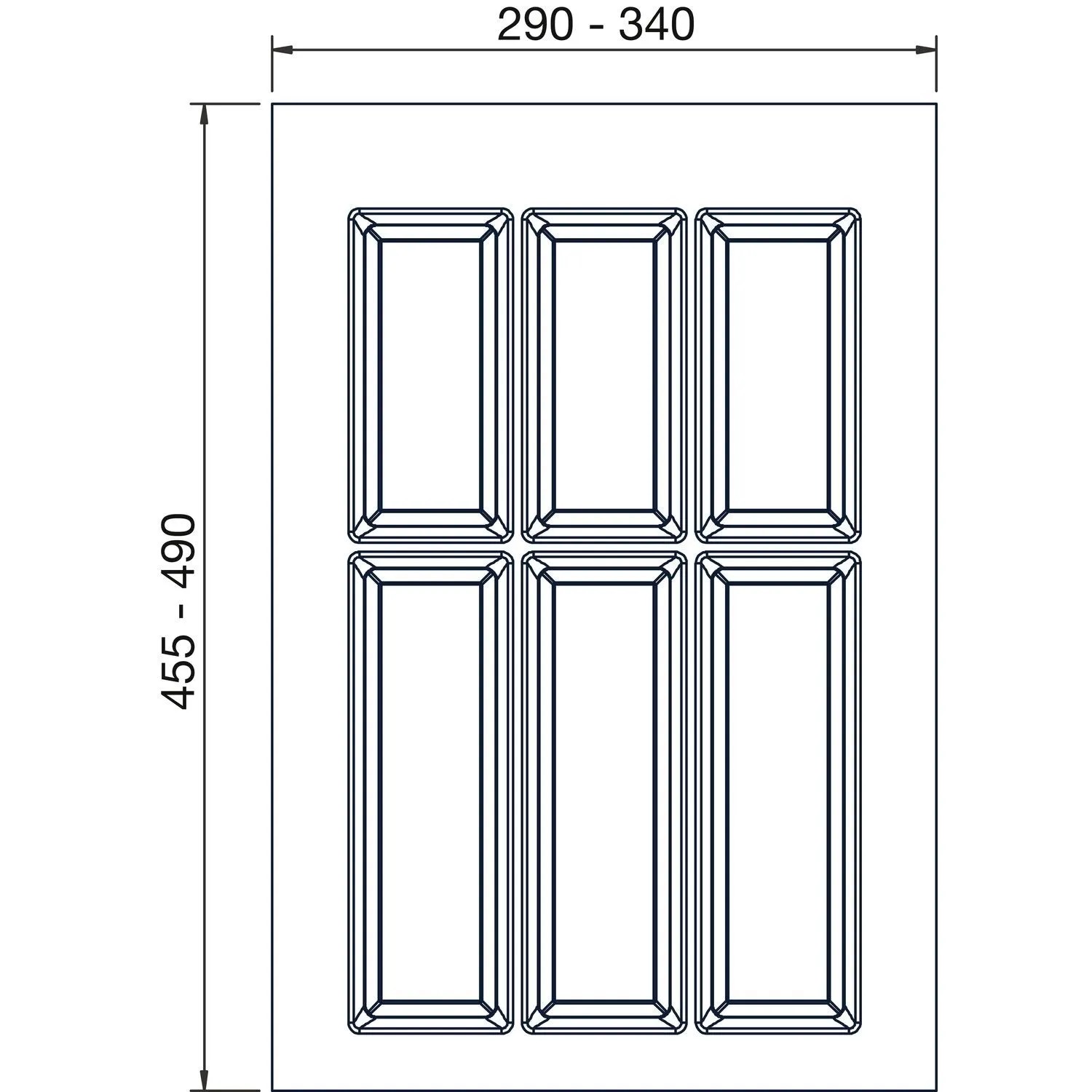 Agoform Besteckeinsatz Classico, kürzbar. Technisches Diagramm mit 6 Fächern und Maßen für Schubladen: 290-340x455-490mm.
