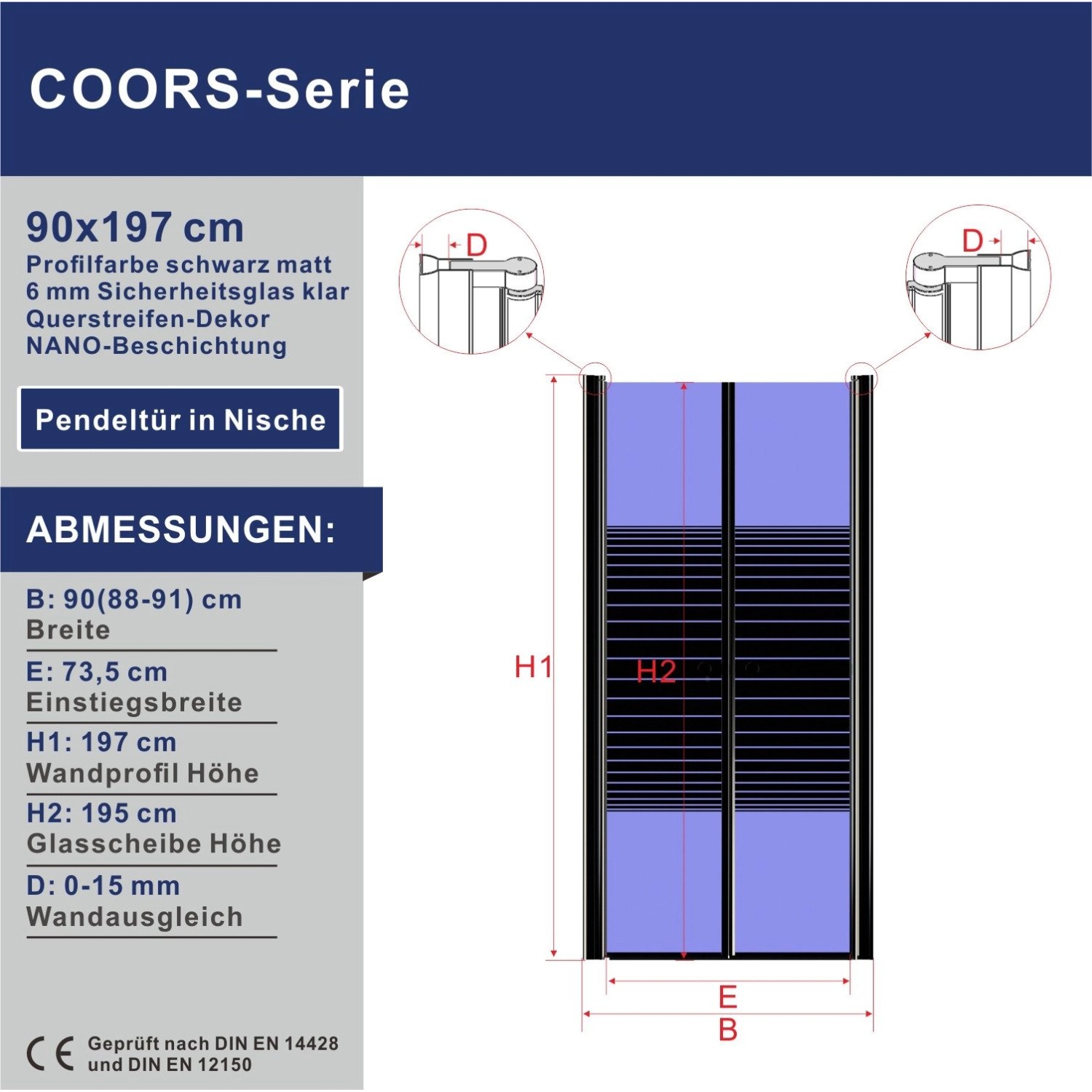 Aquabatos Duschtür 90 cm Nischentür Dusche Pendeltür Duschabtrennung 6 mm ESG Sicherheitsglas Duschkabine Duschwand mit Nano Beschichtung_3