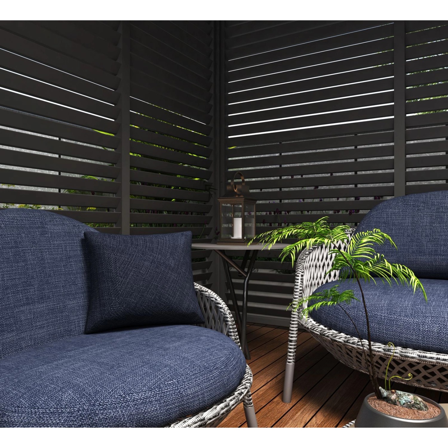 Horizontale Lamellenwand in Anthrazit für Weide Pergola, Teil einer stilvollen Outdoor-Szene.