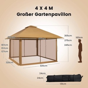 Costway 4 x 4 m Pavillon Gartenpavillon mit Netzseitenwänden Khaki