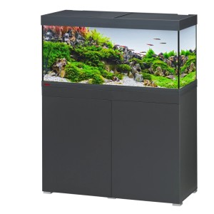 Eheim Aquarium-Kombination VivalineLED 180 l in Anthrazit mit Unterschrank, bepflanzt und mit Fischen.